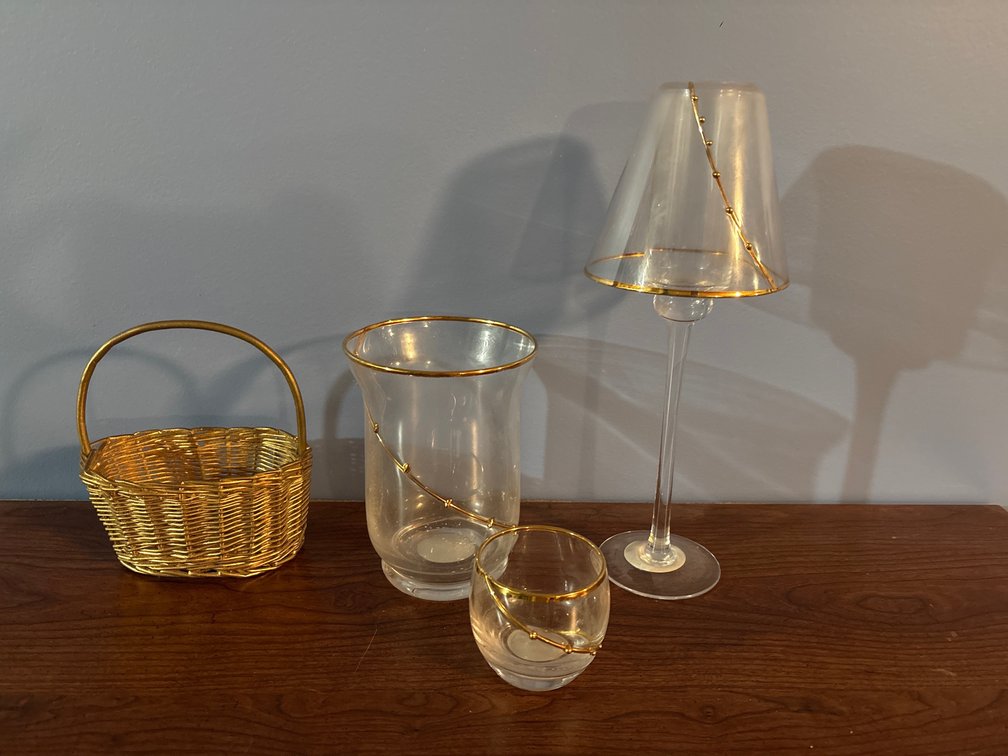 Glass Candleholders and Gold-Tone Wire Basket