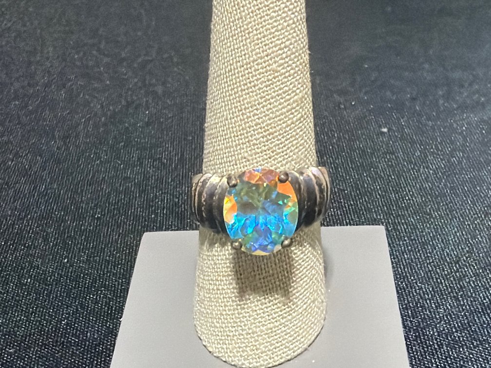 Sterling Silver 925 Iridescent Gemstone Ring, Size 9