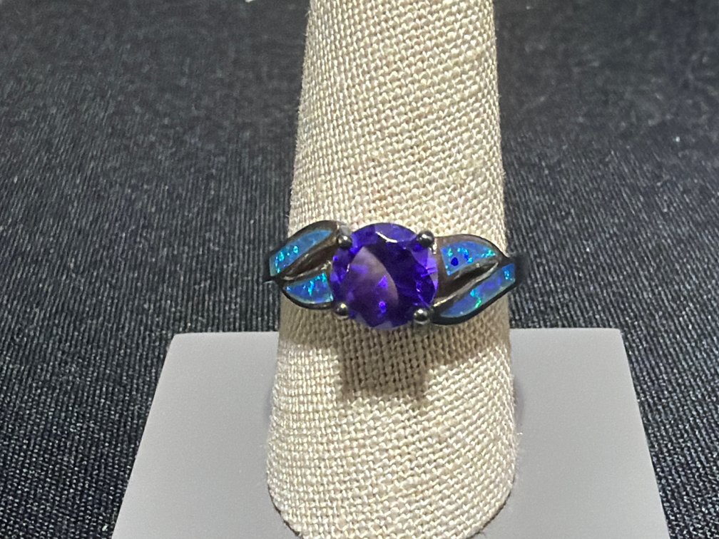S925 Silver Purple Stone and Inlaid Opal Accent Ring, Size 9
