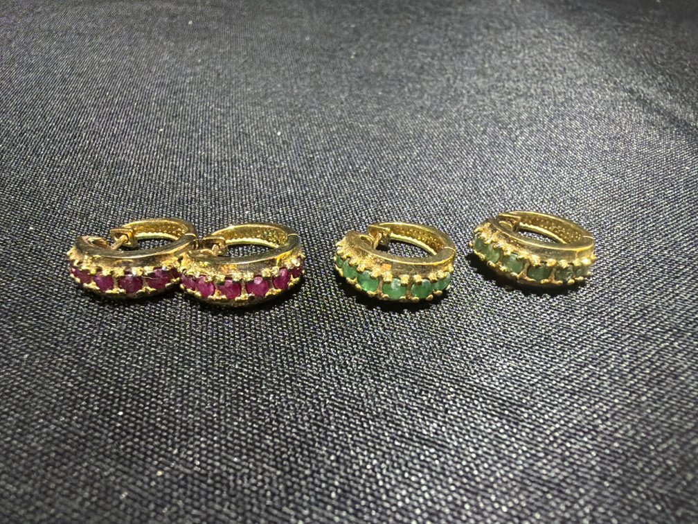 Two Pairs of Gold-Tone 925 Silver Gemstone Huggie Hoop Earrings