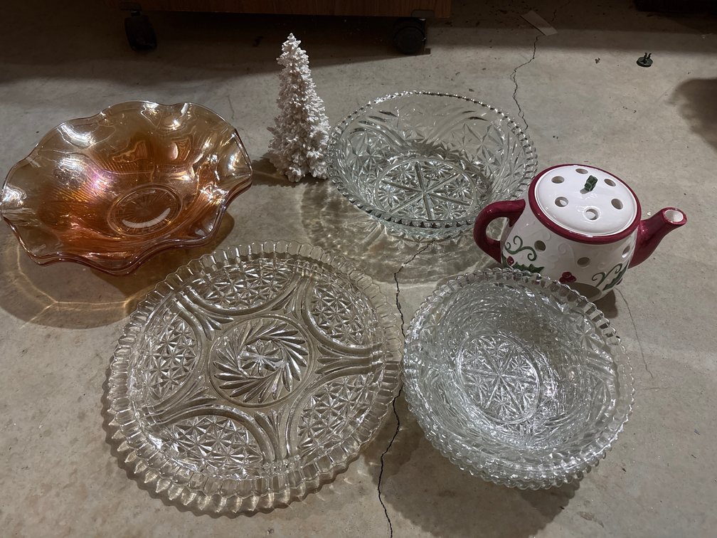 Pressed Glass Tableware, Iridescent Bowls, and Teapot Warmer