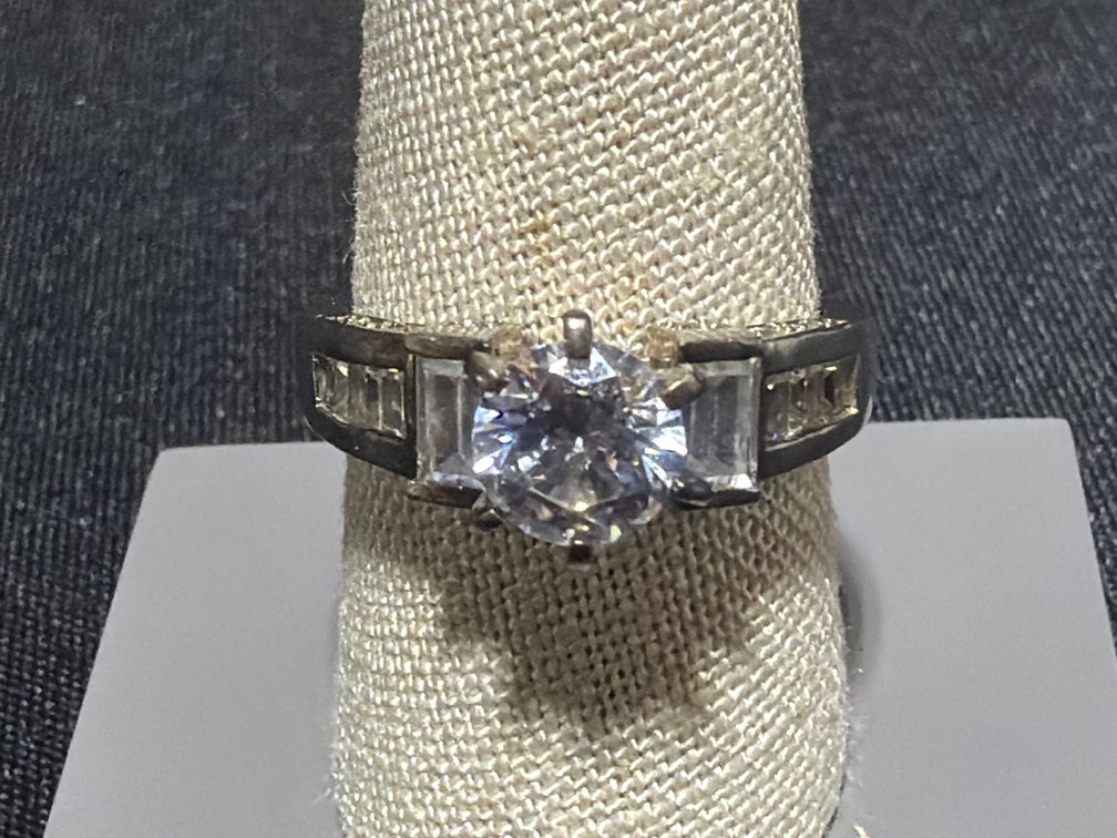 Silver-Tone Round Brilliant and Baguette/Diamond Accent Stone Ring