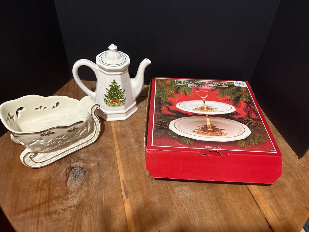 Ceramic Christmas Tier Tray, Teapot, and Sleigh Dish