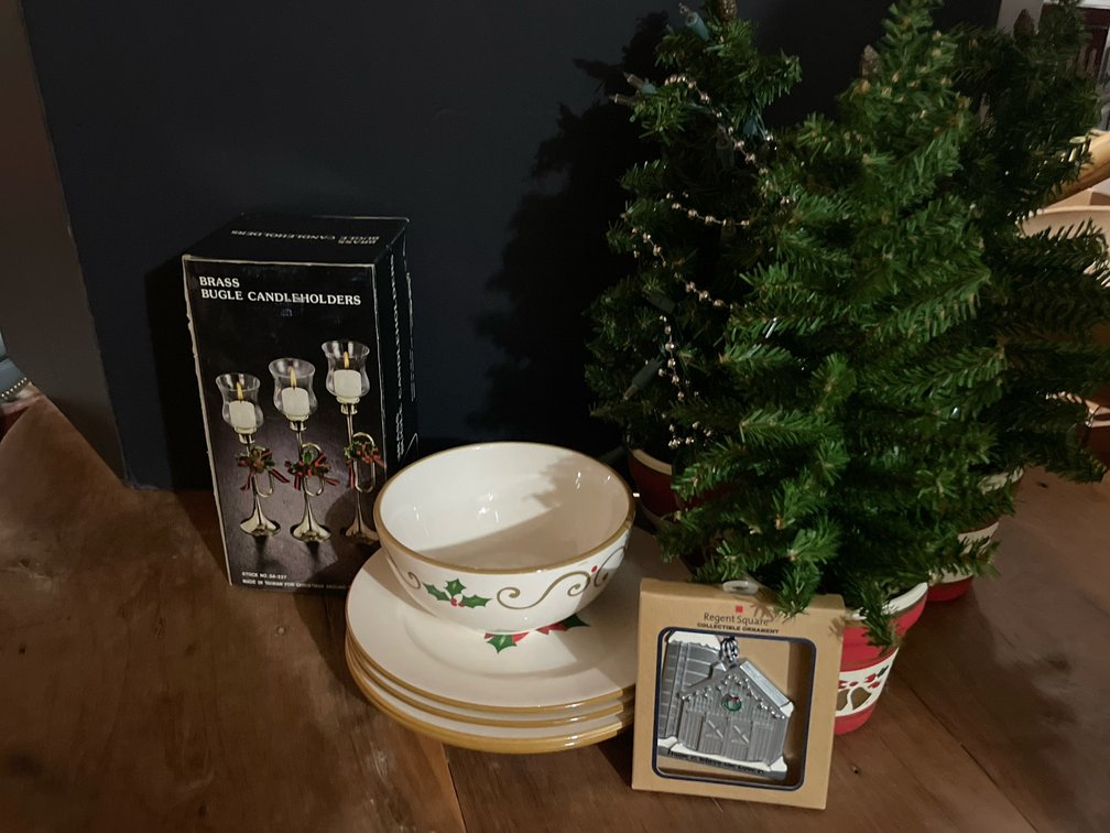 Holiday Dishware, Brass Candleholders, Ornament, and Decor