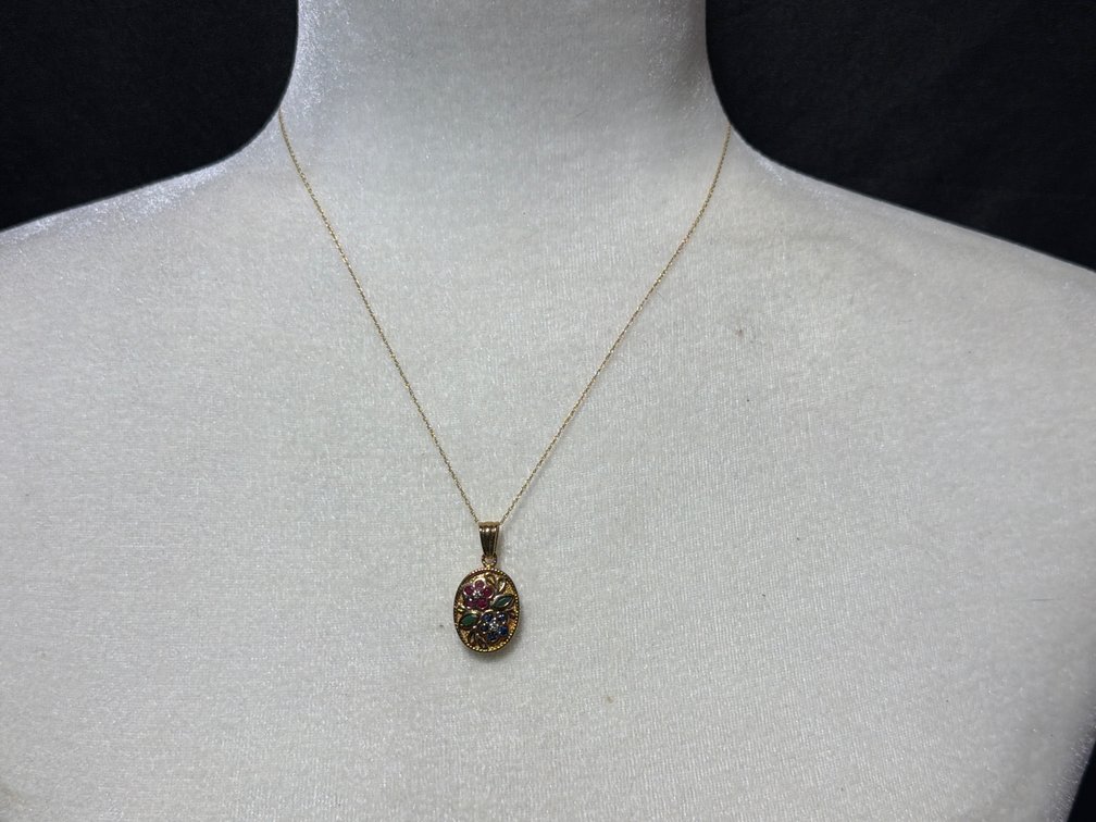14K Yellow Gold Chain and 14K GL Floral Multi-Gemstone Pendant Necklace