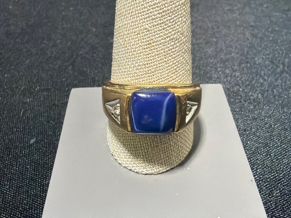 10K Yellow Gold Blue Sugarloaf and Diamond Accent Stone Ring, 8.64g