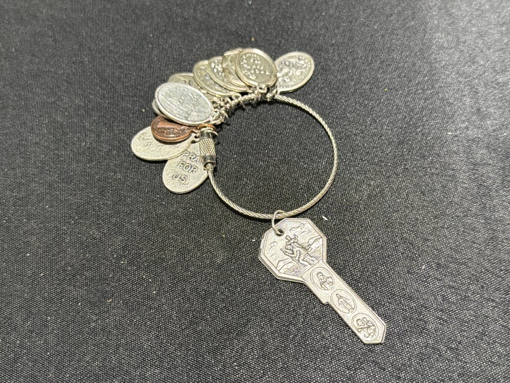 Wire Cable Keychain with Religious Medals and Key Pendant