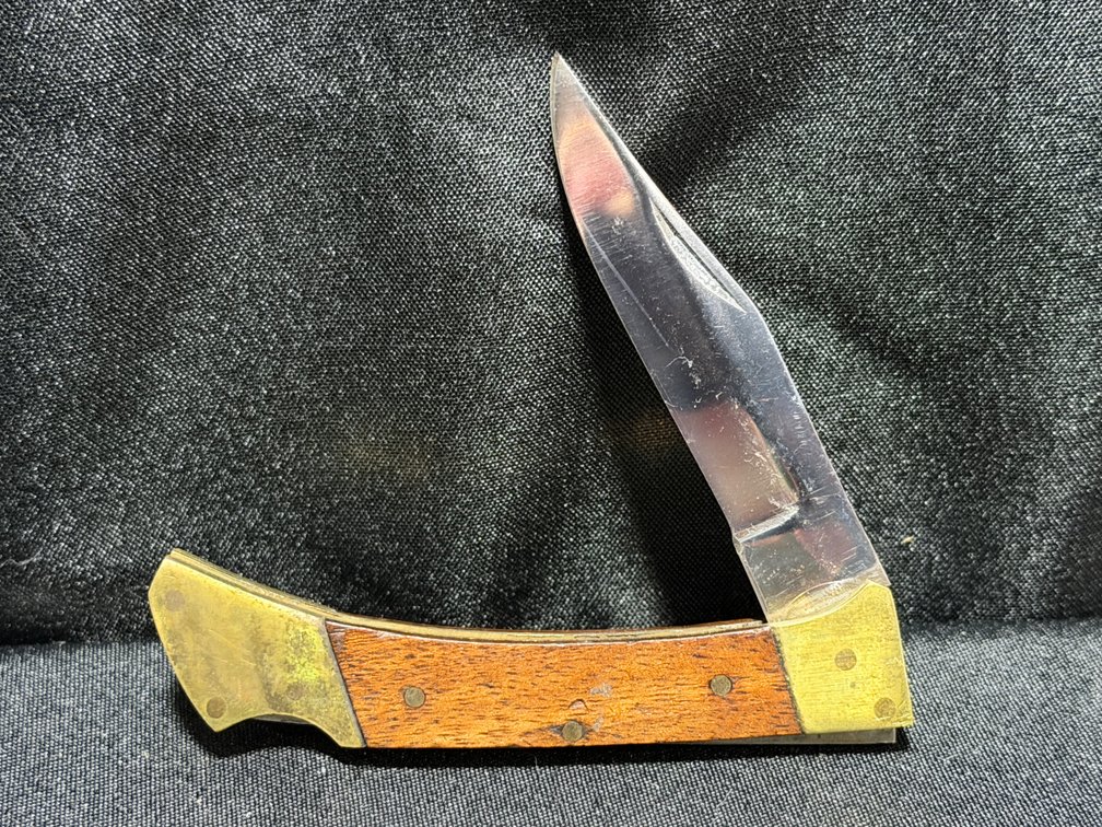 Folding Lockback Knife with Wood Handle and Brass Bolsters