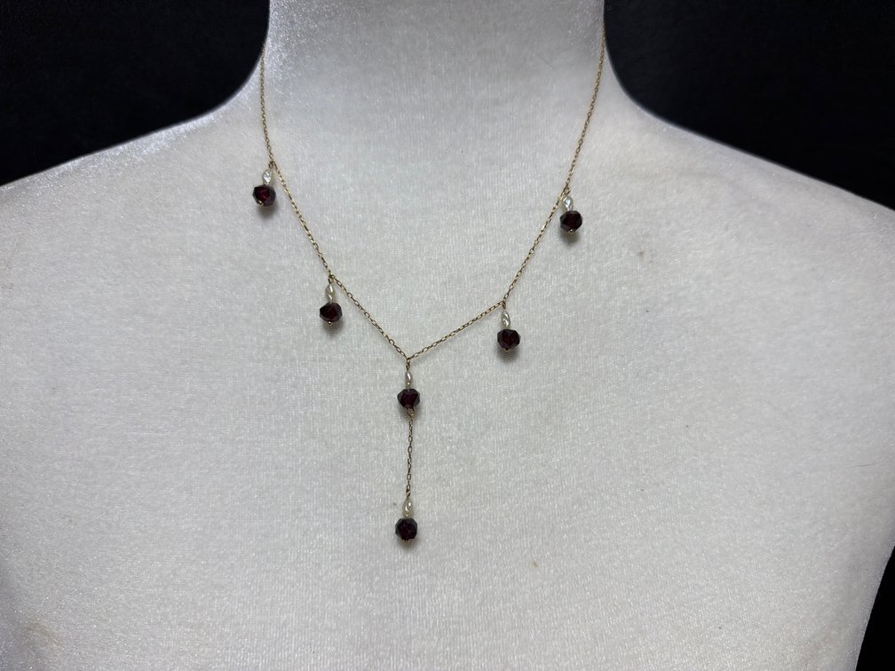 10k Gold Y-Drop Necklace with Faceted Red Beads and Pearls