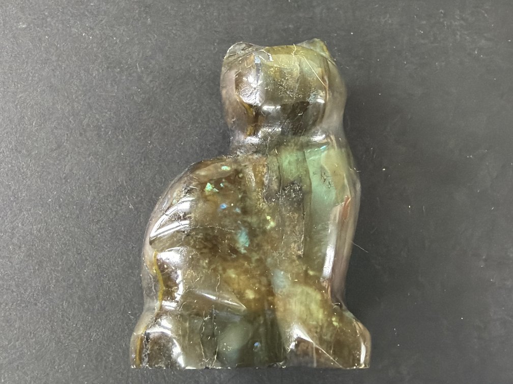 Carved Labradorite Seated Cat Figurine
