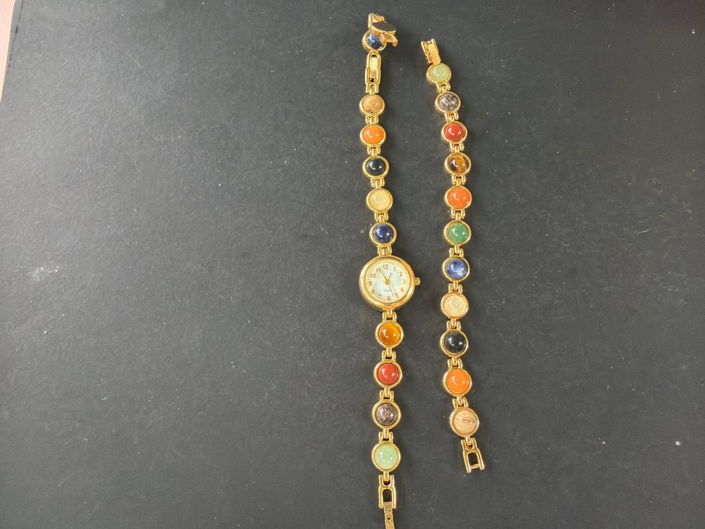 Gold-Tone Multi-Stone Cabochon Watch and Bracelet Set