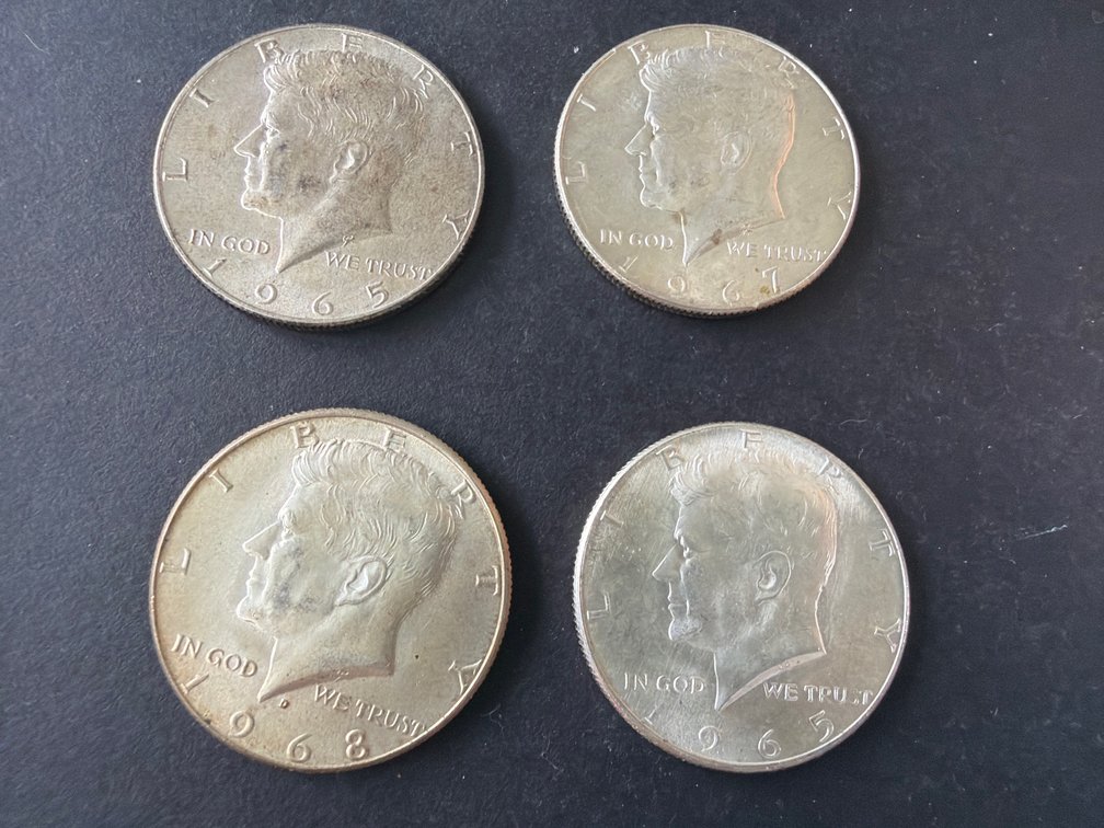 Four Kennedy Half Dollar Coins, 1965-1968