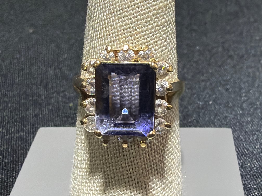 14K Yellow Gold Purple Gemstone Halo Ring