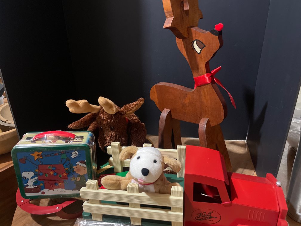 Holiday Decor, Toy Stake Truck, Tin Lunchbox, and Sled