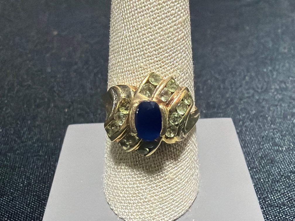 10K Yellow Gold Ring with Blue, Green & Diamond Stones