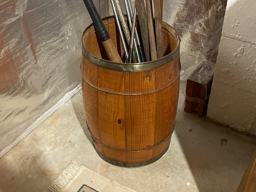 Wooden Stave Barrel with Golf Clubs, Baseball Bat, and More