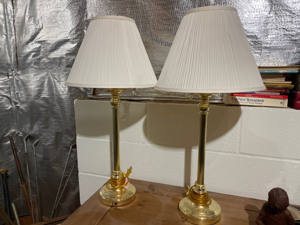 Pair of Brass-Tone Fluted Table Lamps with Pleated Shades