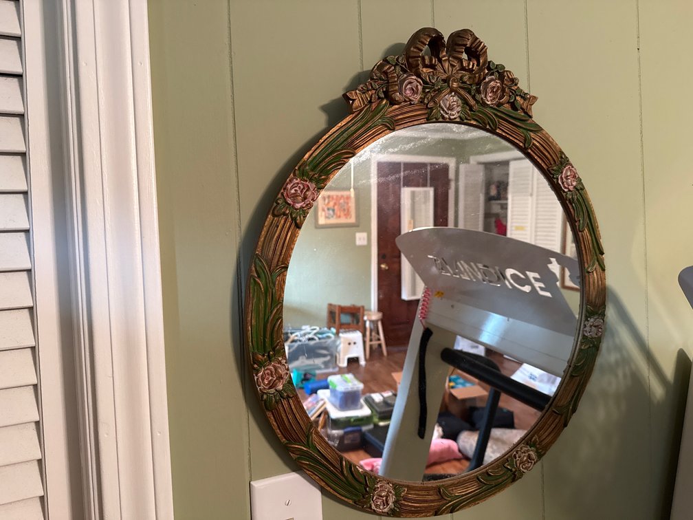 Gilt Molded Oval Wall Mirror with Ribbon and Rose Crest