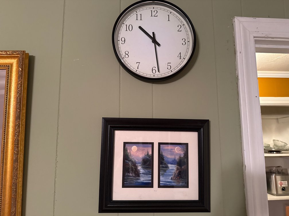 Round Wall Clock and Framed Landscape Diptych