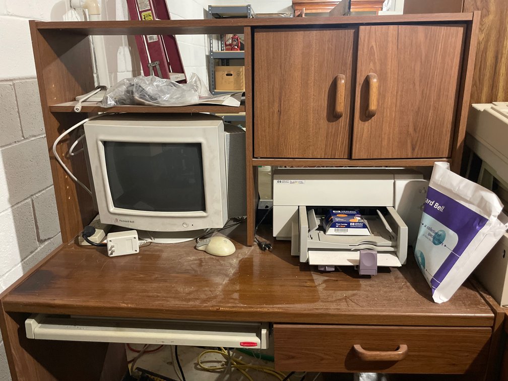 Wood-Grain Computer Desk with Hutch, Monitor, Printers, and More