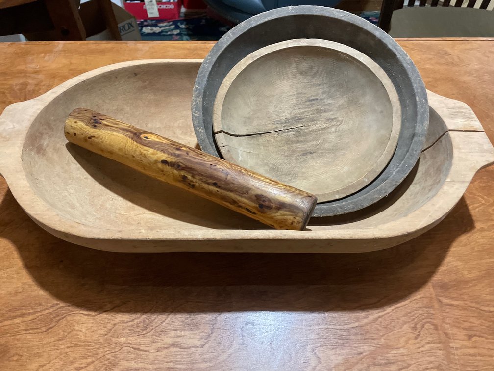 Carved Wooden Dough Trough, Turned Bowls, and Cylinder