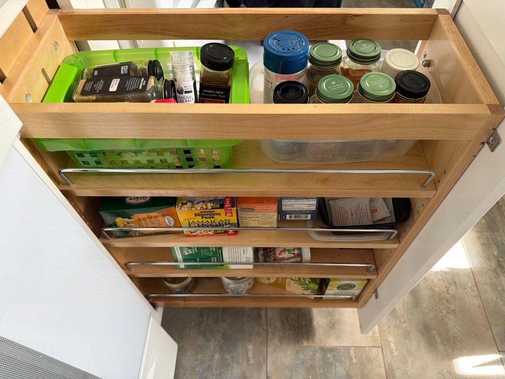 Wooden Pull-Out Pantry Rack with Spices, Teas, and Storage Containers
