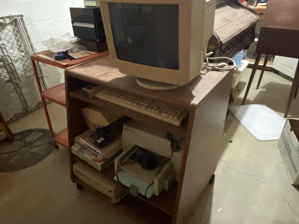 Desktop Computer, CRT Monitor, Printer, and Rolling Cart