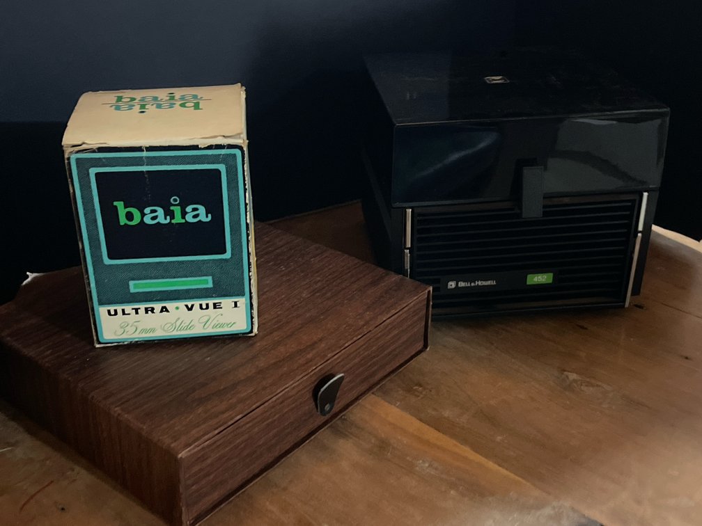 Slide Projector, Slide Cube Cartridges, and 35mm Slide Viewer