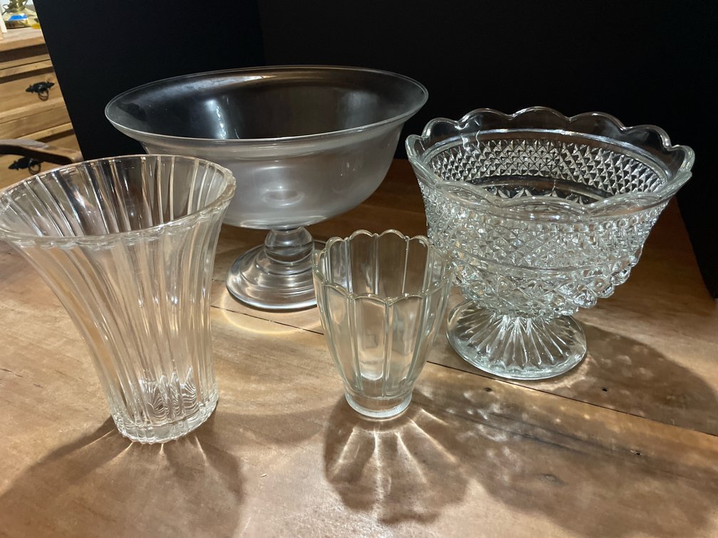 Clear Glass Pedestal Bowls, Flared Vase, and Cup