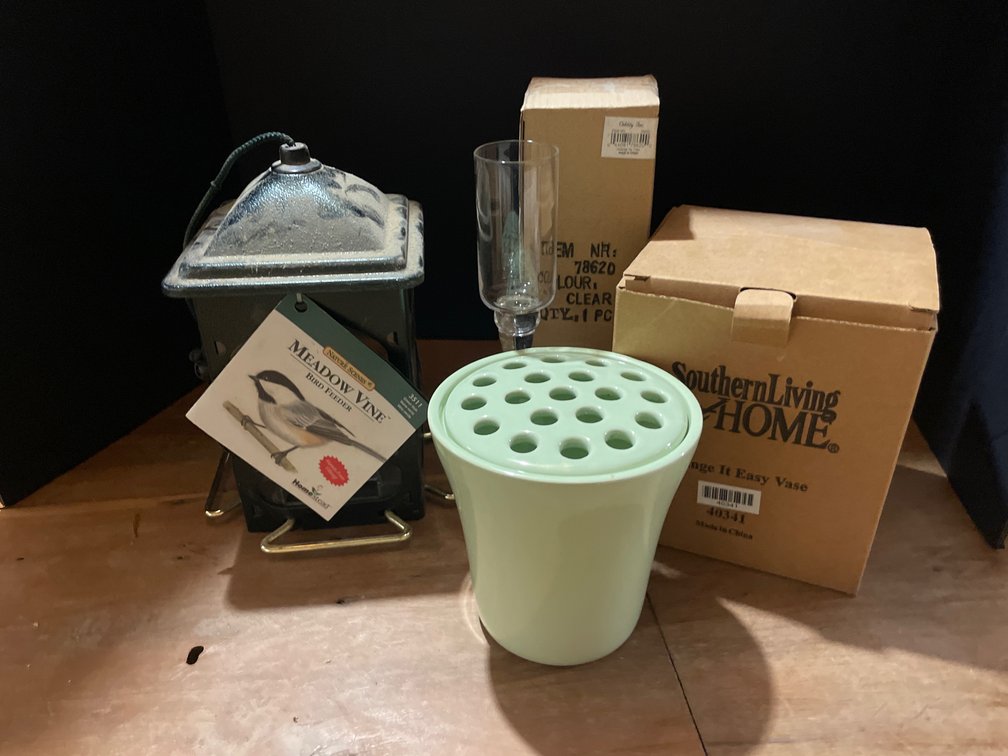Bird Feeder, Ceramic Vase, and Glass Stemmed Candle Holder