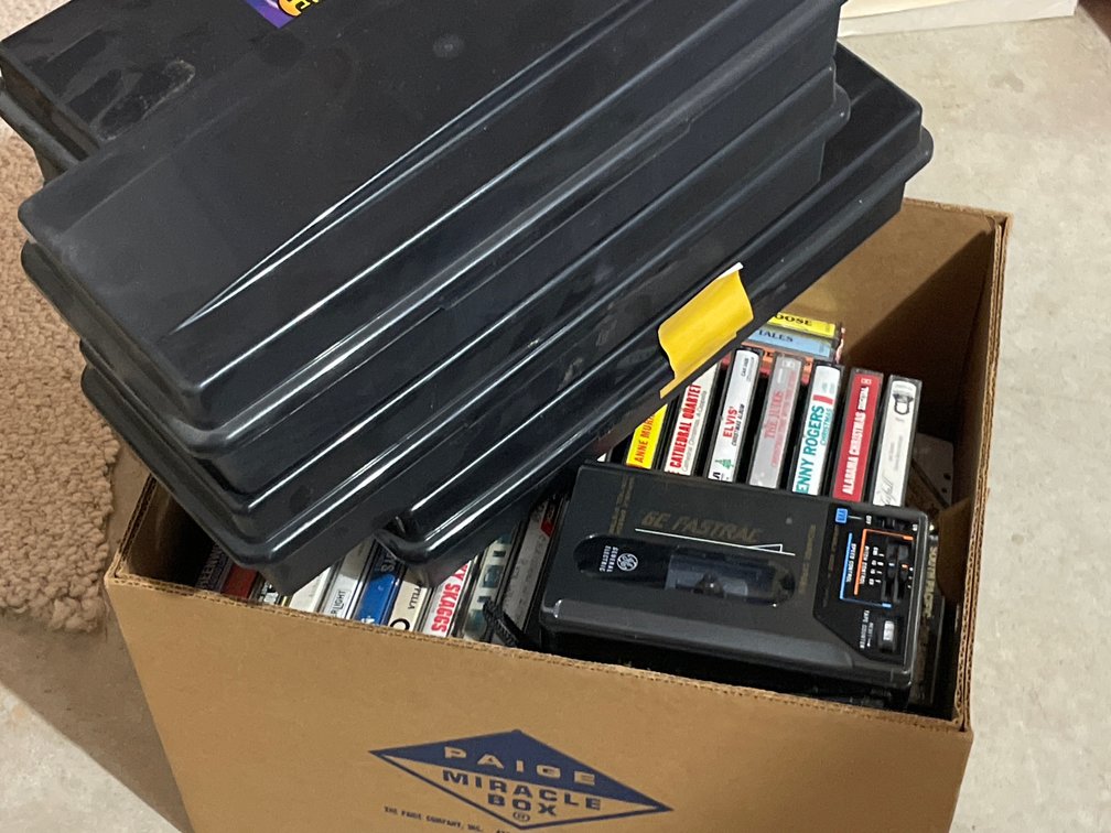 GE Fastrac Cassette Player, Audio Tapes, and Storage Cases