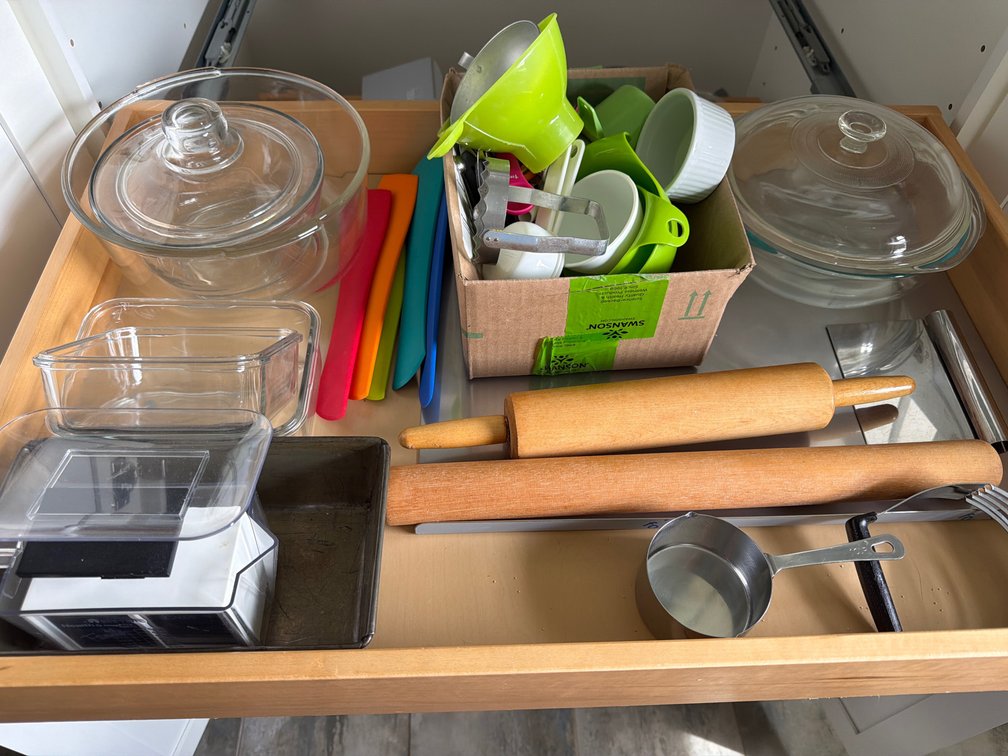 Glass Bakeware, Wooden Rolling Pins, and Kitchen Utensils
