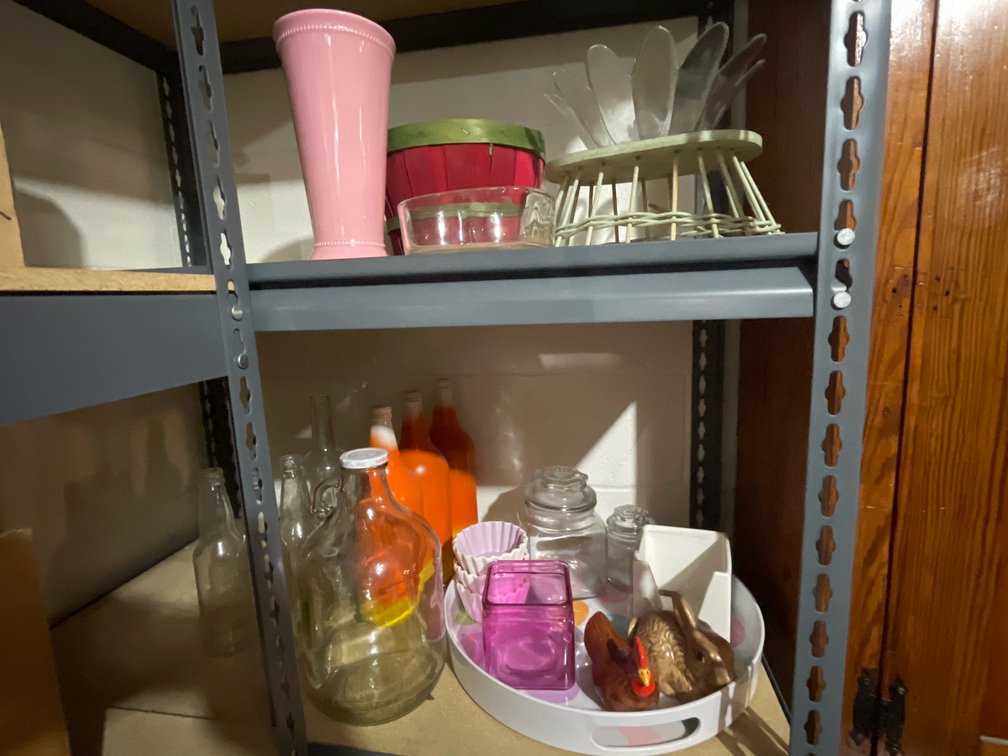 Decorative Glassware, Ceramic Figurines, and Basket