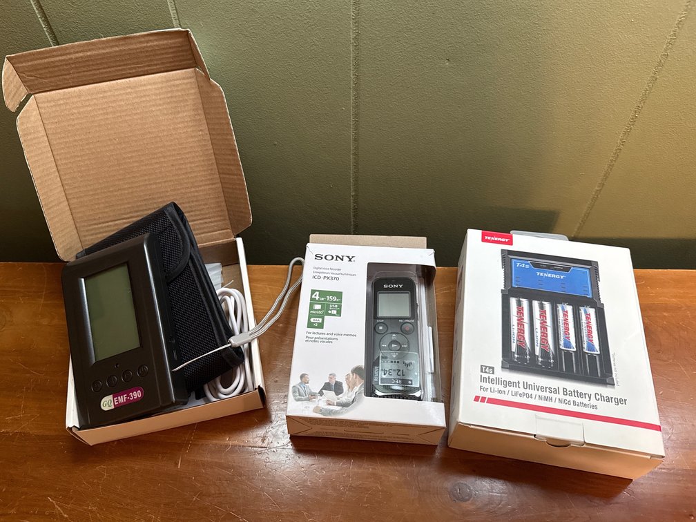 EMF Meter, Digital Voice Recorder, and Battery Charger