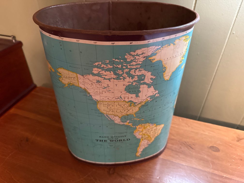 Rand McNally Oval Metal World Map Wastebasket