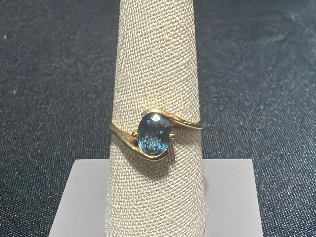10K Yellow Gold Blue Gemstone Bypass Ring