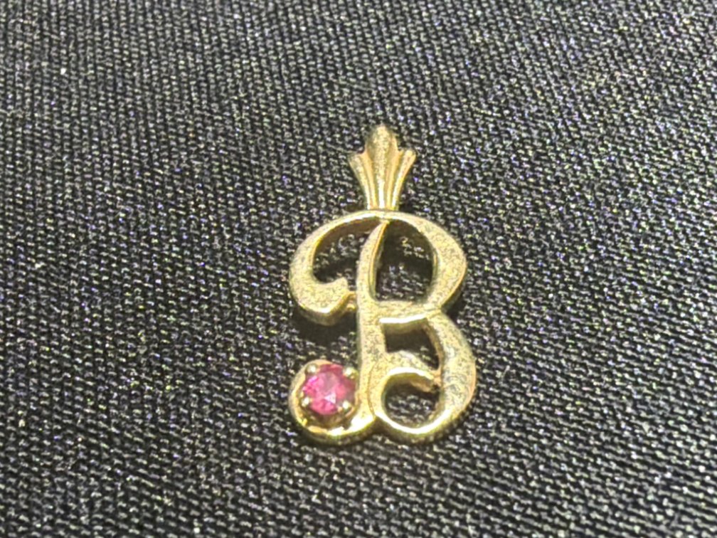 14K Yellow Gold Script Initial B Pendant with Pink Stone