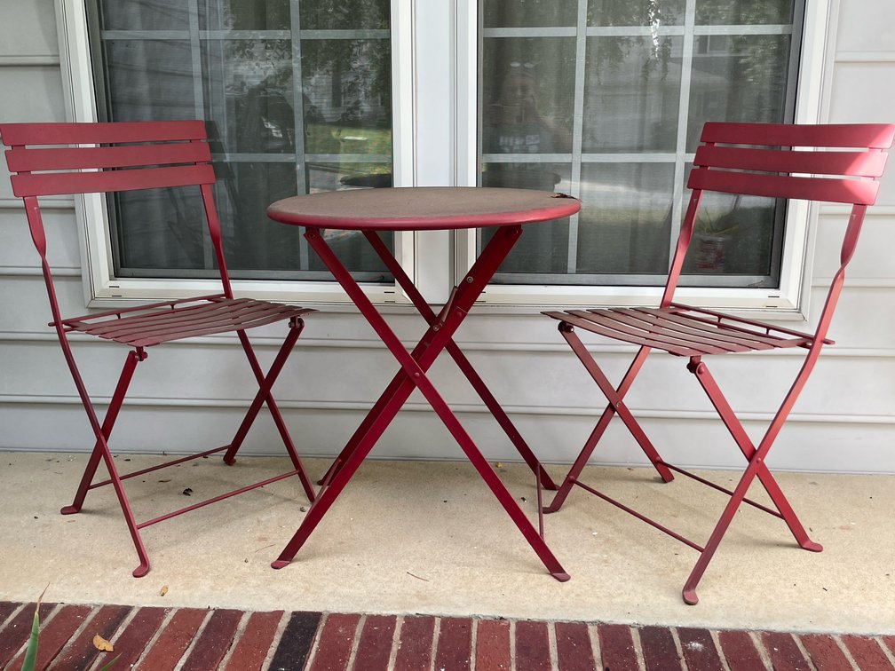 Red Metal Folding Bistro Table and Two Chairs