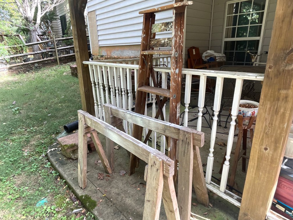 Wooden Folding Stepladder and Pair of Wooden Sawhorses
