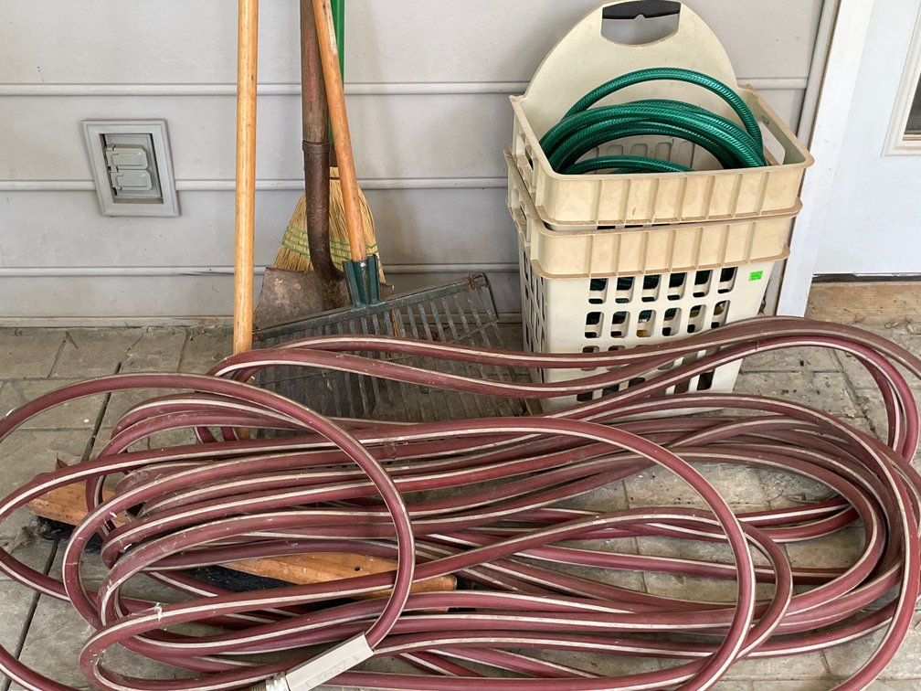 Garden Hoses, Push Broom, Plastic Caddies, and Yard Tools