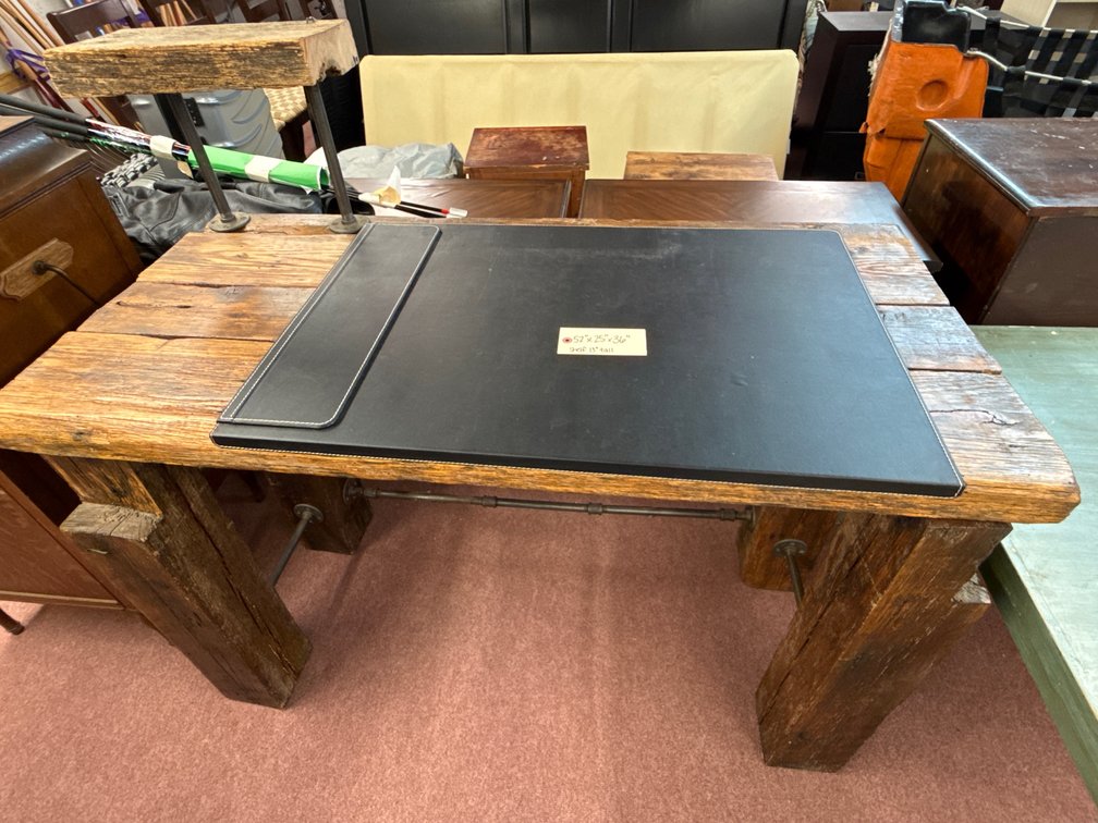 Rustic Timber Desk with Pipe-Mounted Shelf