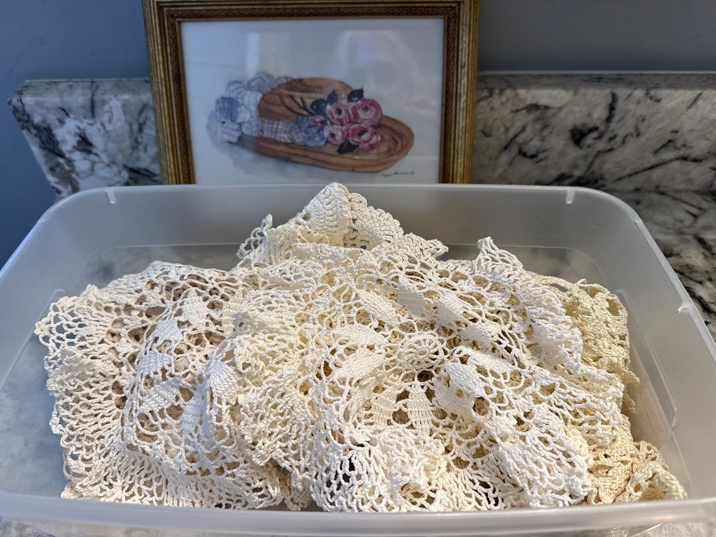 Crocheted Lace Doilies, Linens, and Framed Art