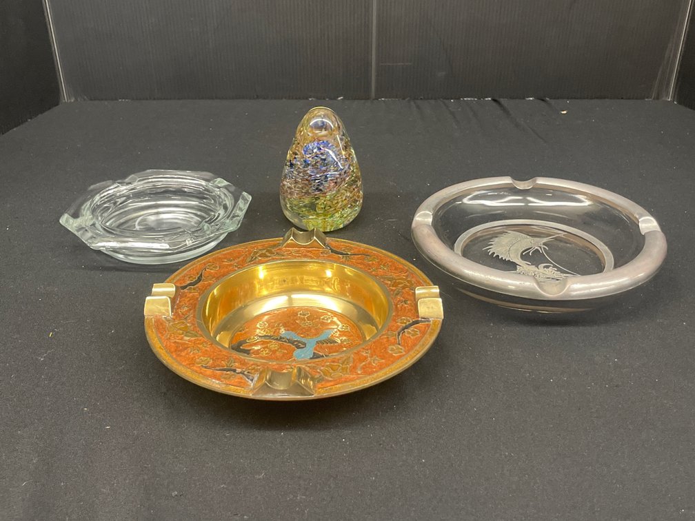 Art Glass Paperweight, Brass Ashtray, and Glass Ashtrays