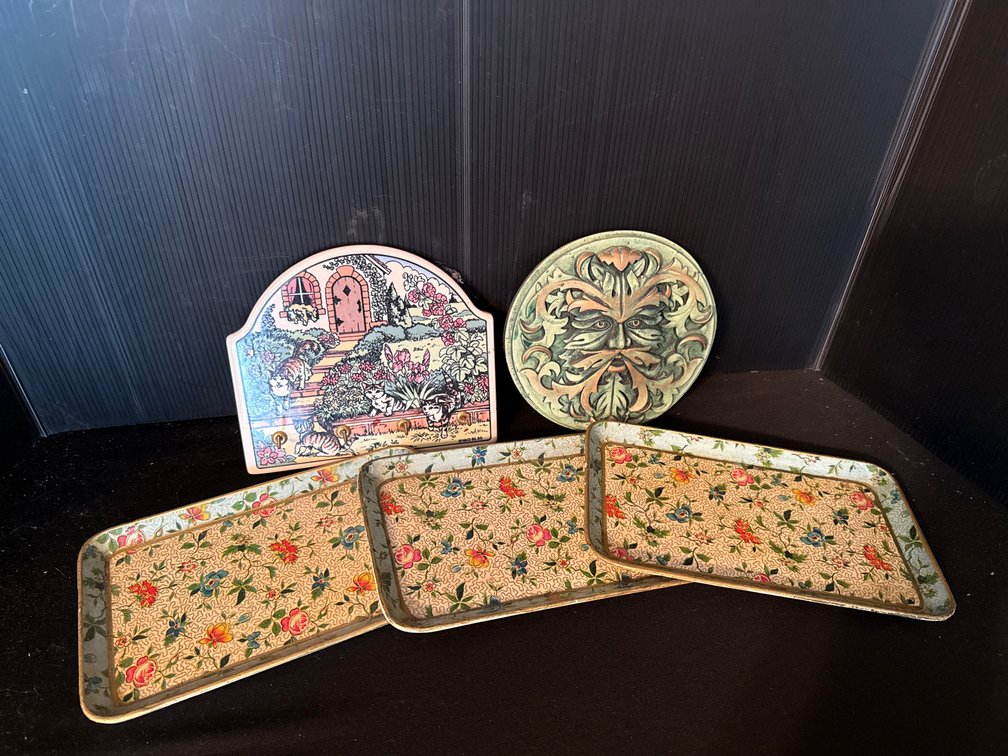 Floral Tin Trays, Cat Key Rack, and Green Man Wall Plaque