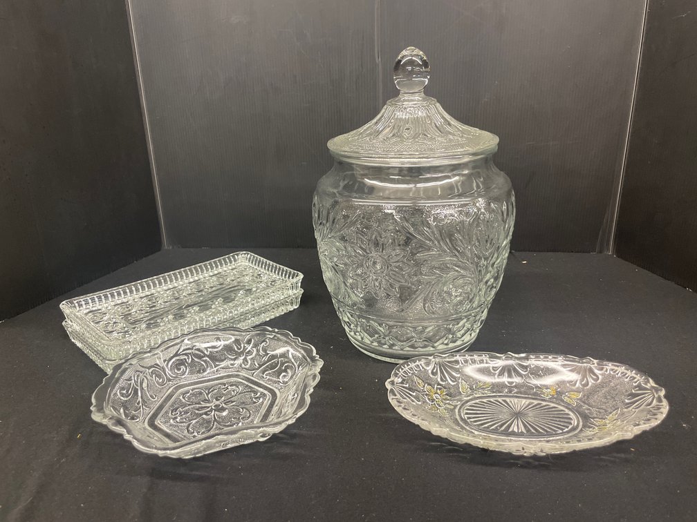 Clear Pressed Glass Canister, Trays, and Dishes