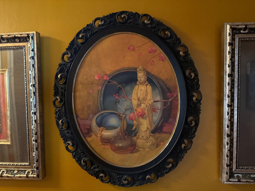 Framed Oval Still Life Artwork with Guanyin Figurine