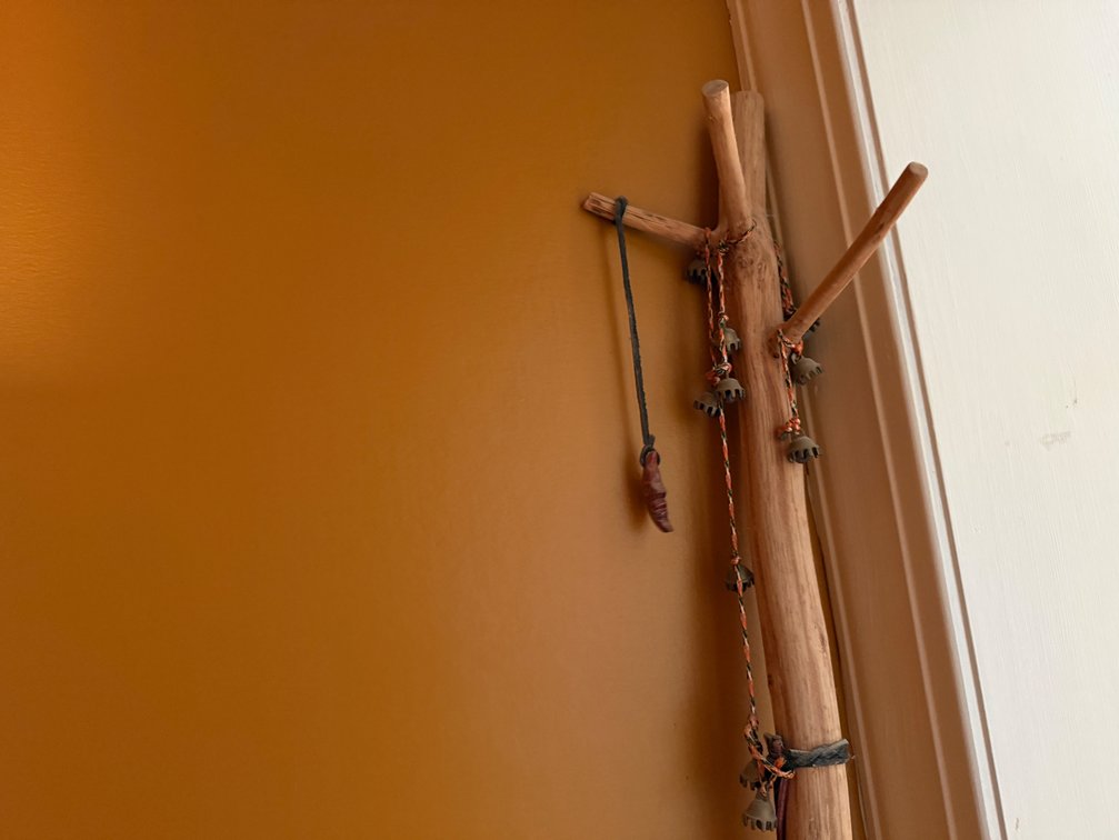 Rustic Wooden Staff with Bells and Carved Moon Pendant