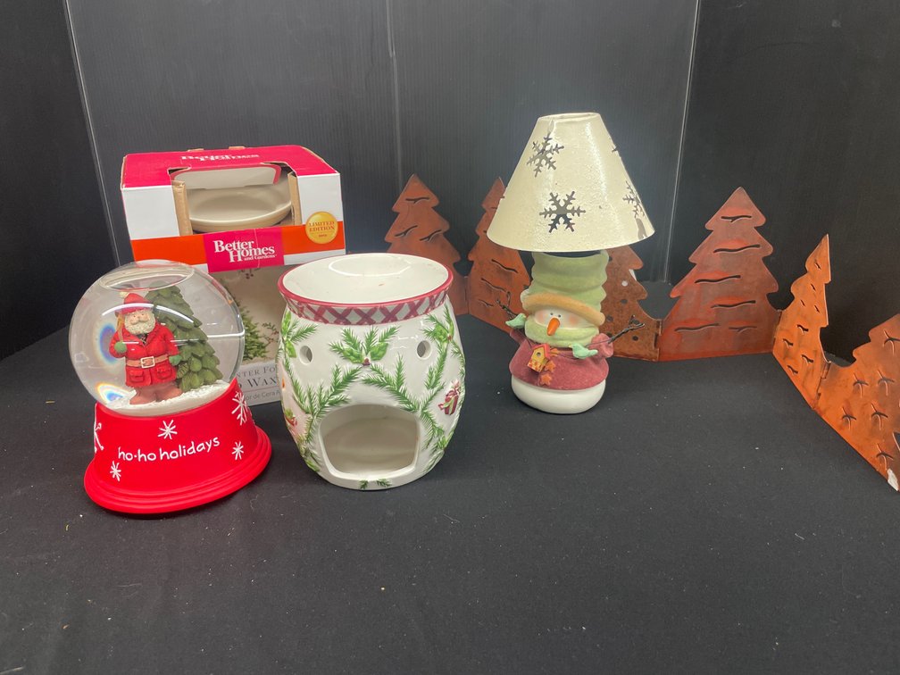 Snow Globe, Wax Warmer, Snowman Lamp, and Metal Tree Screen