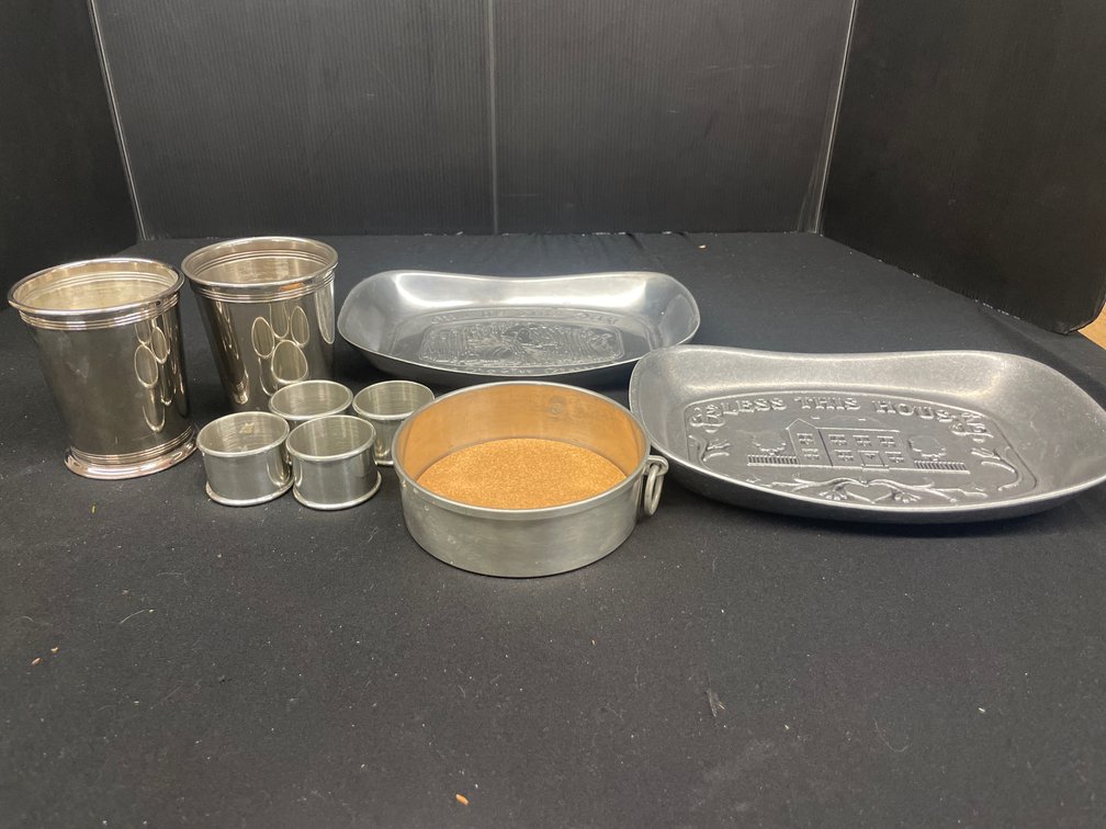 Pewter and Cast Metal Trays, Tumblers, and Tableware