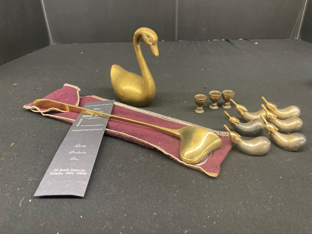 Brass Swan Figurine, Candle Snuffer, Miniature Goblets, and More